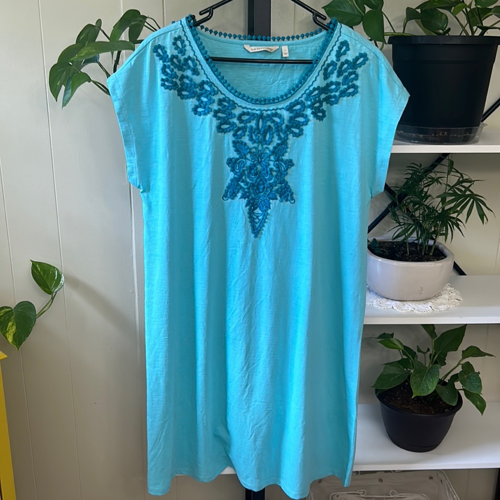 Soft Surroundings Turquoise Blue T-Shirt Dress Embroidered Neckline Size Large